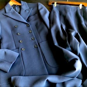 Vintage 90’s Romeo Gigli Navy Jacket and high-waist slim pant. Sold as SUIT